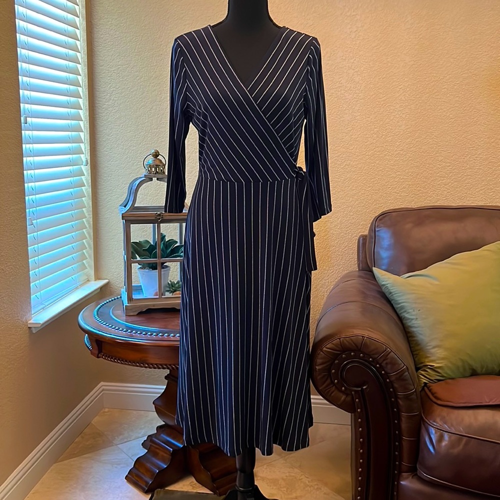 Tommy Hilfiger dark blue with white stripes size 8 *faux* wrap dress.